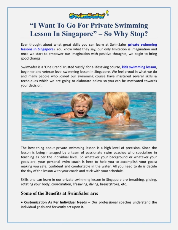 “I Want To Go For Private Swimming Lesson In Singapore” – So Why Stop?