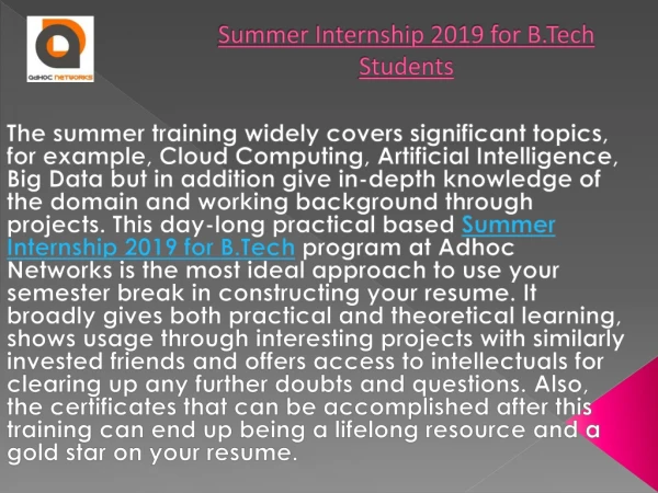 Summer Internship 2019 for B.tech Students