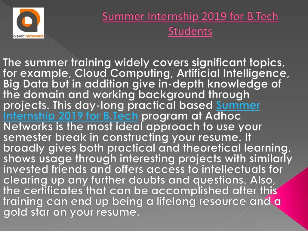 summer internship 2019 for b tech students