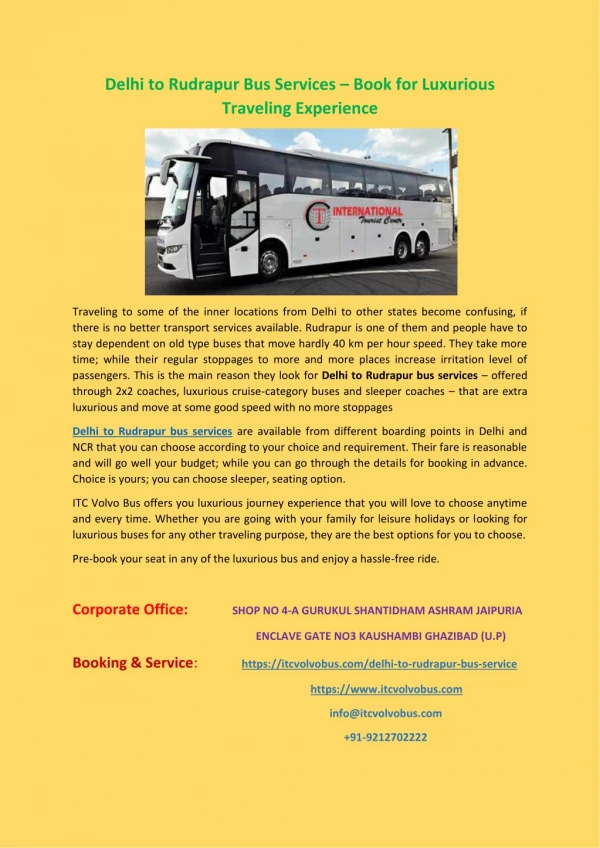 Delhi to Rudrapur Bus Services – Book for Luxurious Traveling Experience