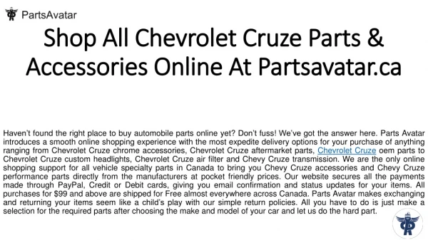 Shop Top Quality Chevrolet Cruze Parts Online at Parts Avatar.
