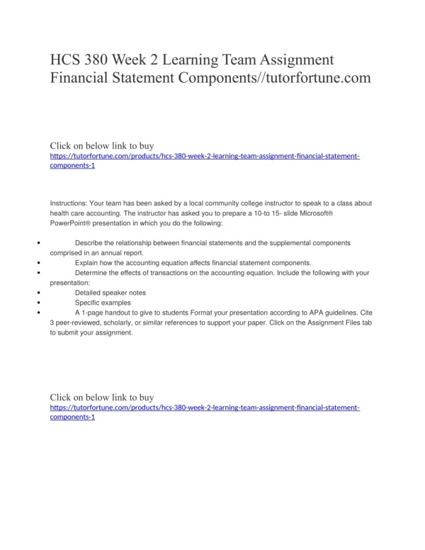HCS 380 Week 2 Learning Team Assignment Financial Statement Components//tutorfortune.com
