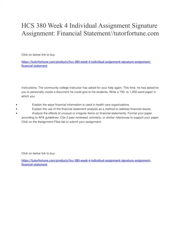 HCS 380 Week 4 Individual Assignment Signature Assignment: Financial Statement//tutorfortune.com