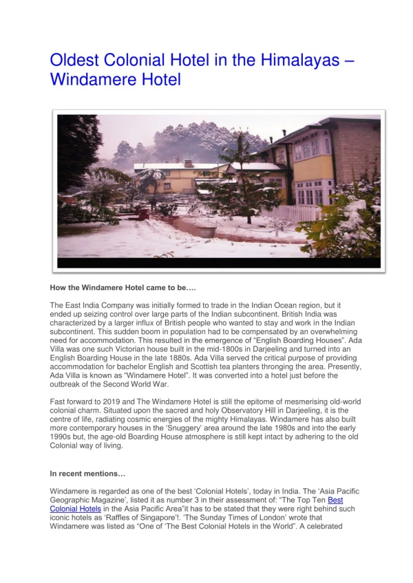 Oldest Colonial Hotel in the Himalayas – Windamere Hotel
