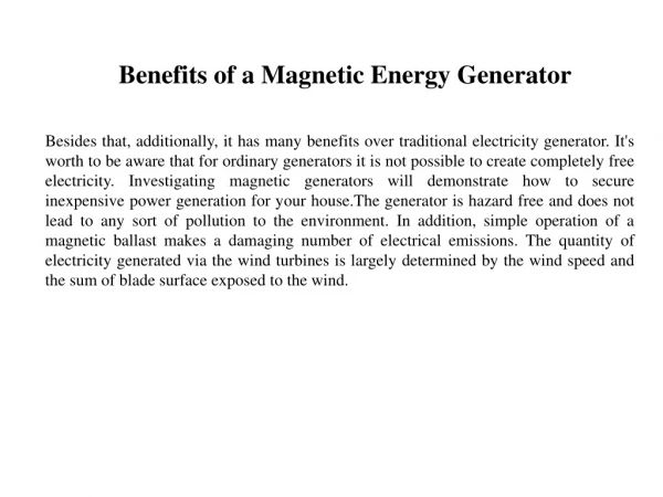 Benefits of a Magnetic Energy Generator