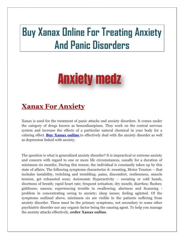Buy Xanax online for treating anxiety And Panic Disorders