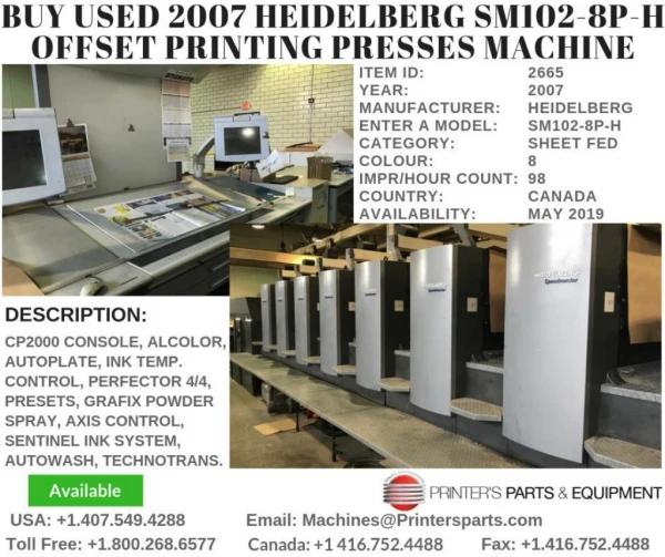 Buy Used 2007 Heidelberg SM102-8P-H Offset Printing Presses Machine