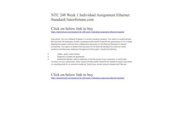 NTC 248 Week 1 Individual Assignment Ethernet Standard//tutorfortune.com