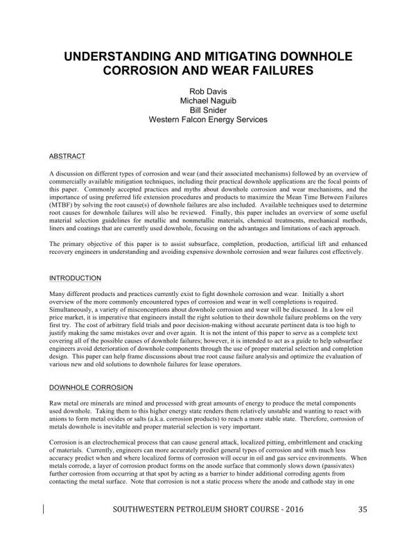 UNDERSTANDING AND MITIGATING DOWNHOLE CORROSION AND WEAR FAILURES
