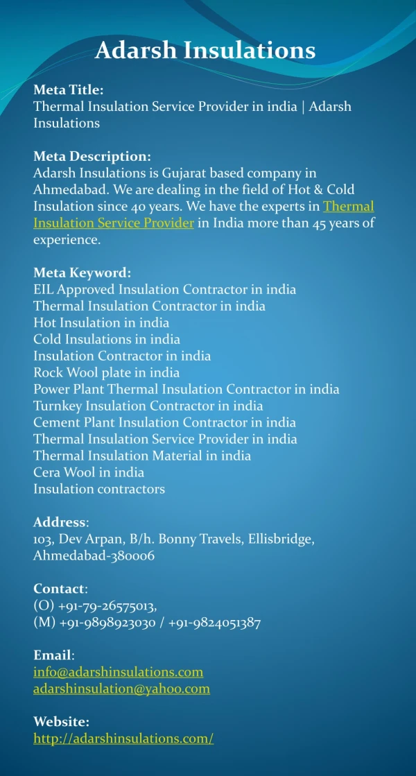 Thermal Insulation Service Provider in india | Adarsh Insulations