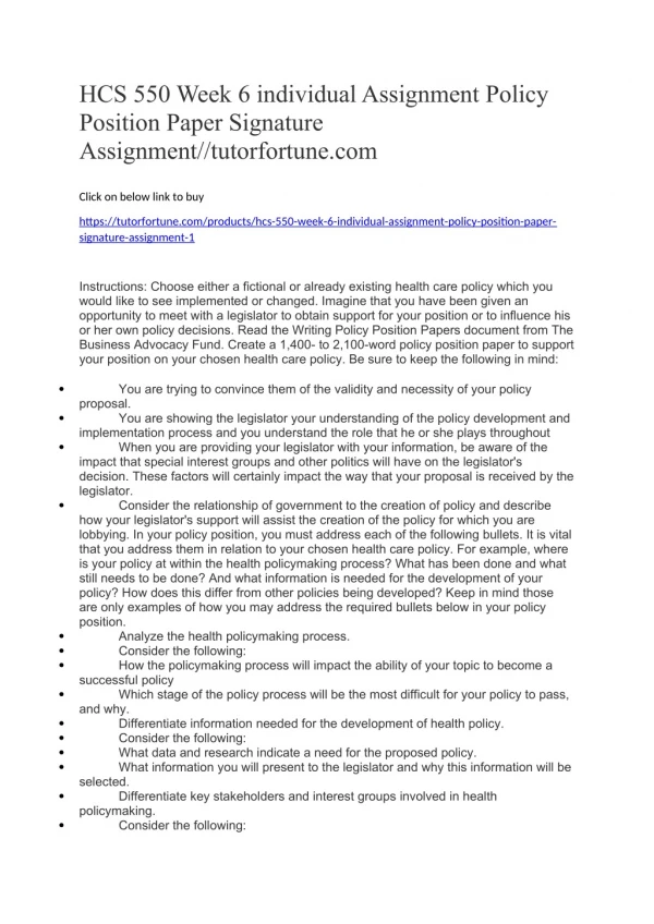 HCS 550 Week 6 individual Assignment Policy Position Paper Signature Assignment//tutorfortune.com