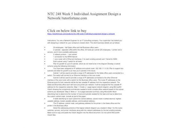 NTC 248 Week 5 Individual Assignment Design a Network//tutorfortune.com