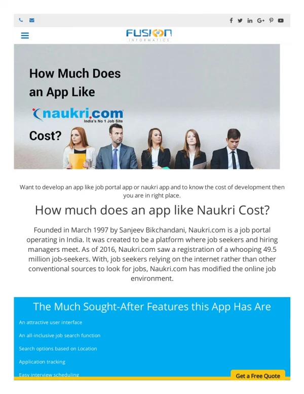 How much does it cost to develop an app like naukri - Fusion Informatics