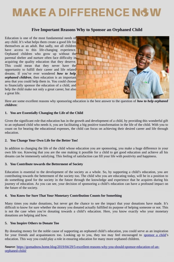 Five Important Reasons Why to Sponsor an Orphaned Child