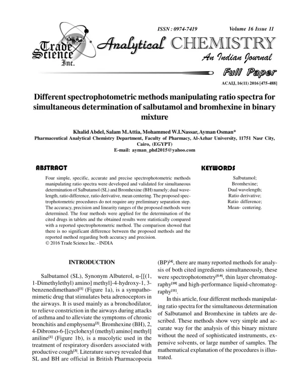 Differentspectrophotometric methods manipulating ratio spectra for simultaneous determination of salbutamol and bromhexi