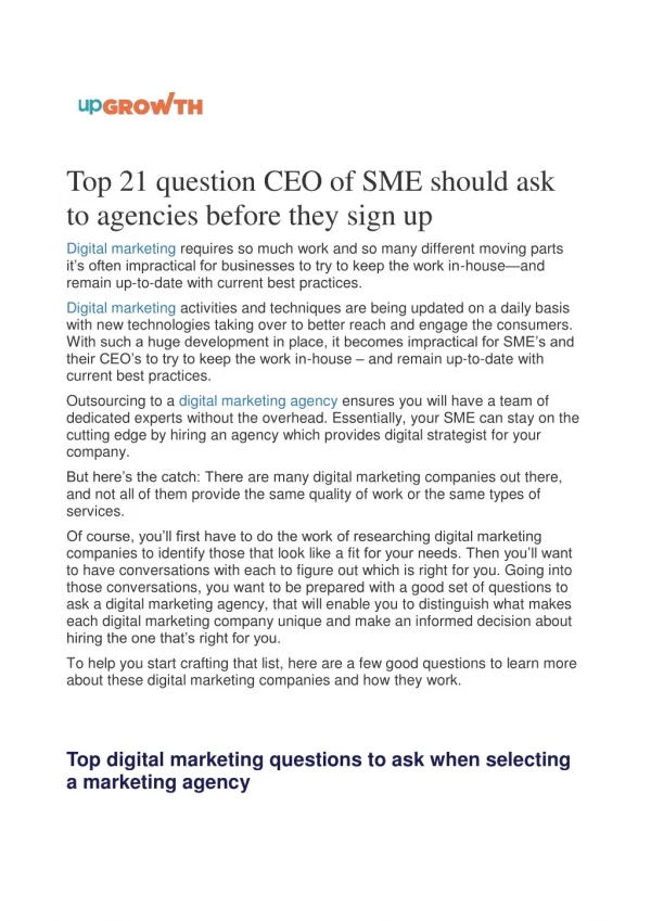 Top 21 question CEO of SME should ask to agencies before they sign up