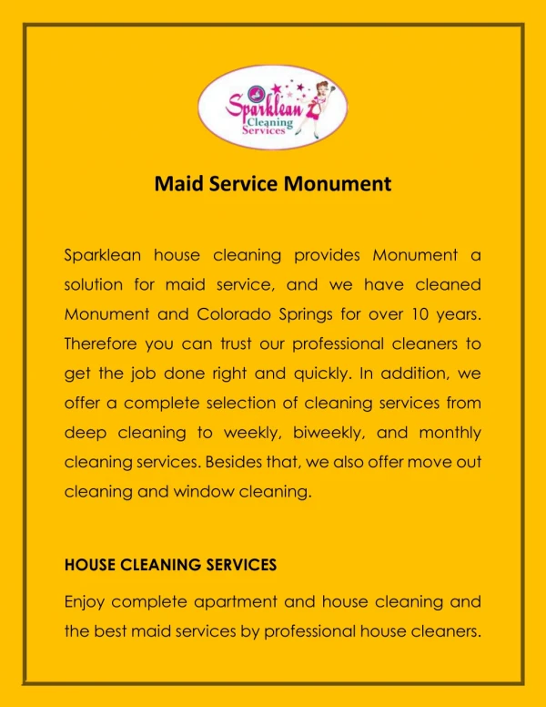 Maid Service Monument | Professional Cleaners - Sparklean