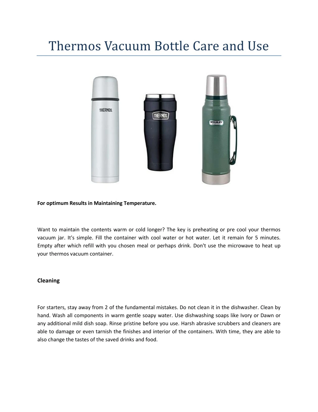 thermos vacuum bottle care and use