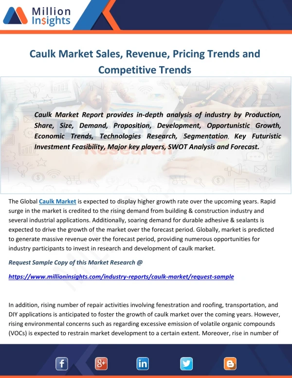 Caulk Market Sales, Revenue, Pricing Trends and Competitive Trends