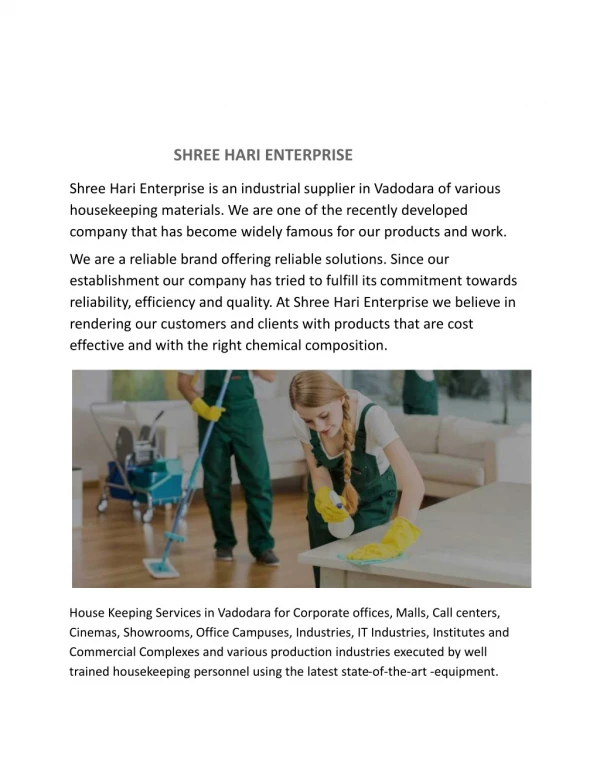 Housekeeping and Water tank cleaning service Vadodara-Shreharienterprise