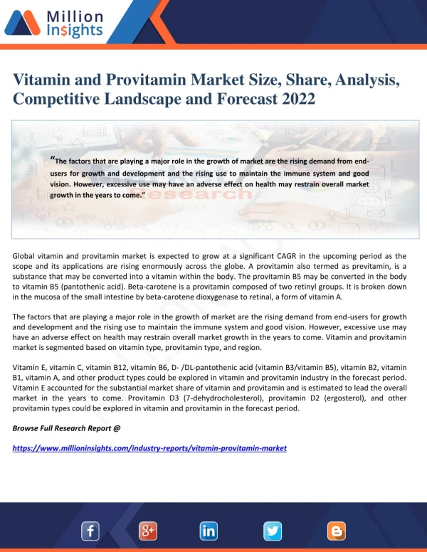 Vitamin and Provitamin Market Size, Share, Analysis, Competitive Landscape and Forecast 2022