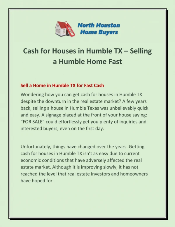 Cash For Houses in Humble TX – Selling a Humble Home Fast
