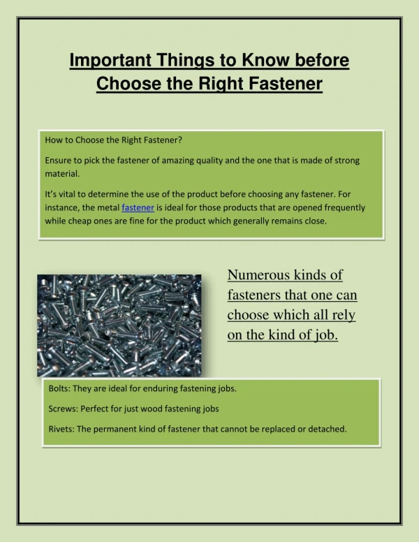 Important Things to Know before Choose the Right Fastener