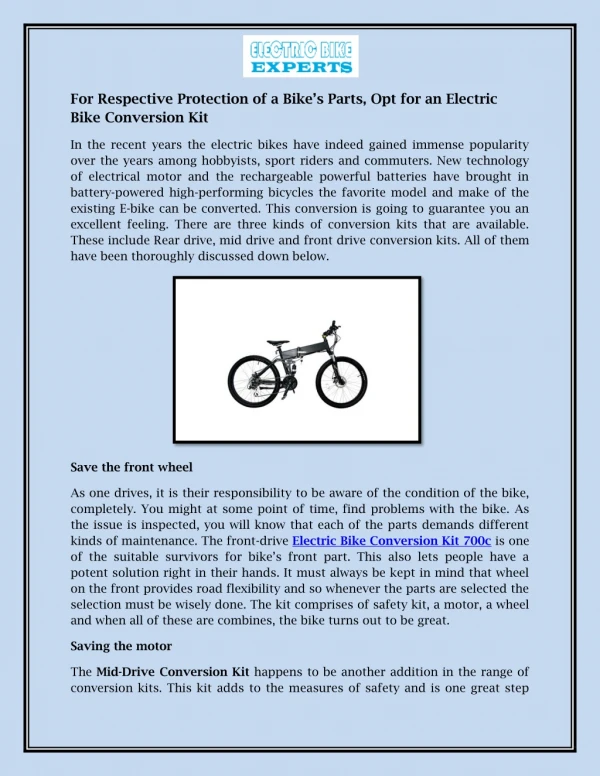 For Respective Protection of a Bike’s Parts, Opt for an Electric Bike Conversion Kit