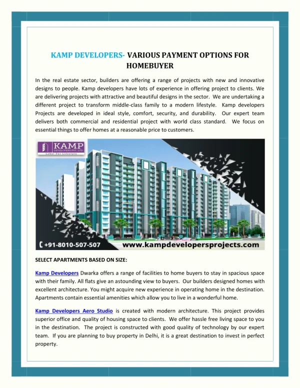 Kamp Developers- Various Payment Options for Homebuyers