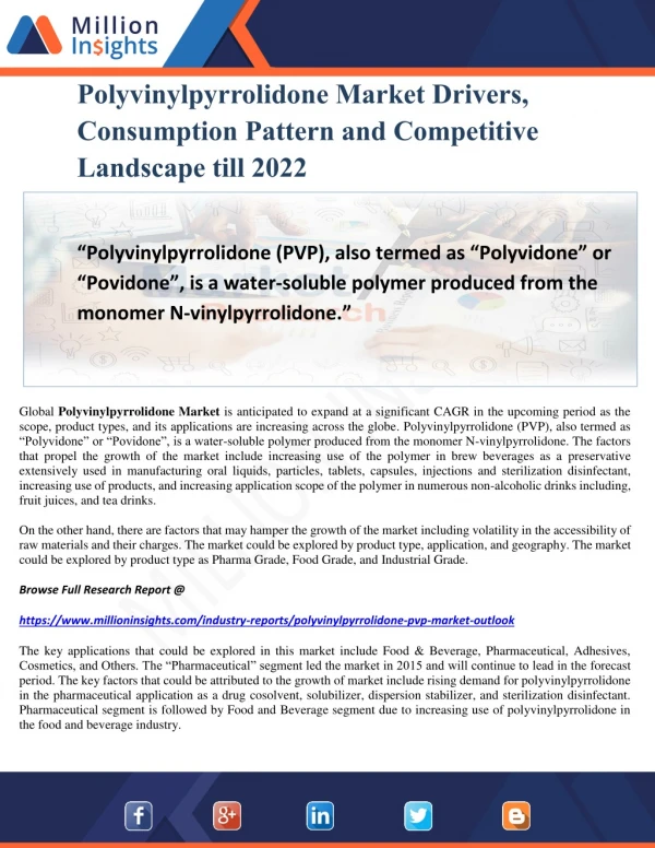 Polyvinylpyrrolidone Market Drivers, Consumption Pattern and Competitive Landscape till 2022