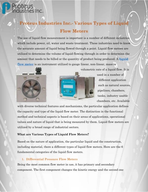 Proteus Industries Inc.- Various Types of Liquid Flow Meters