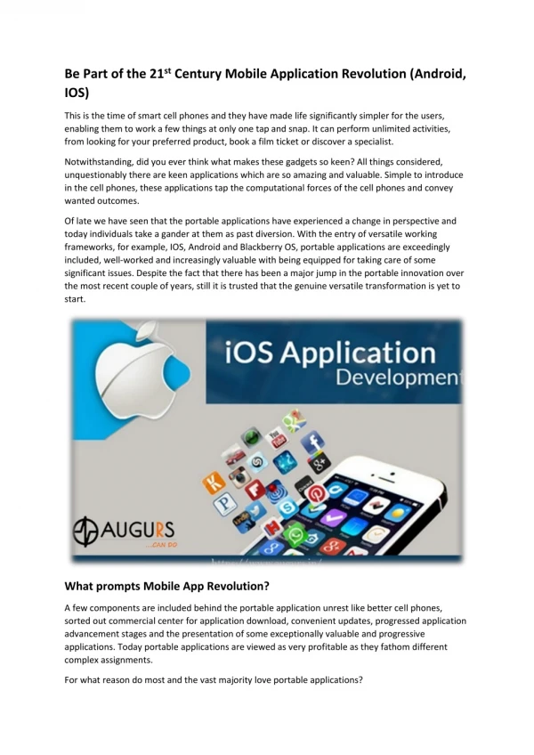 Be Part of the 21st Century Mobile Application Revolution (Android, IOS)