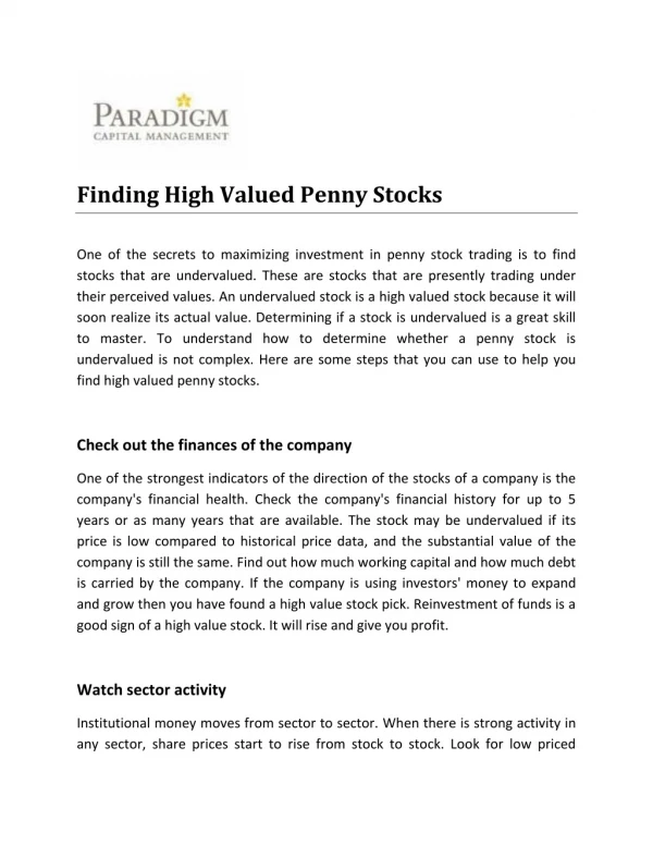 Finding High Valued Penny Stocks