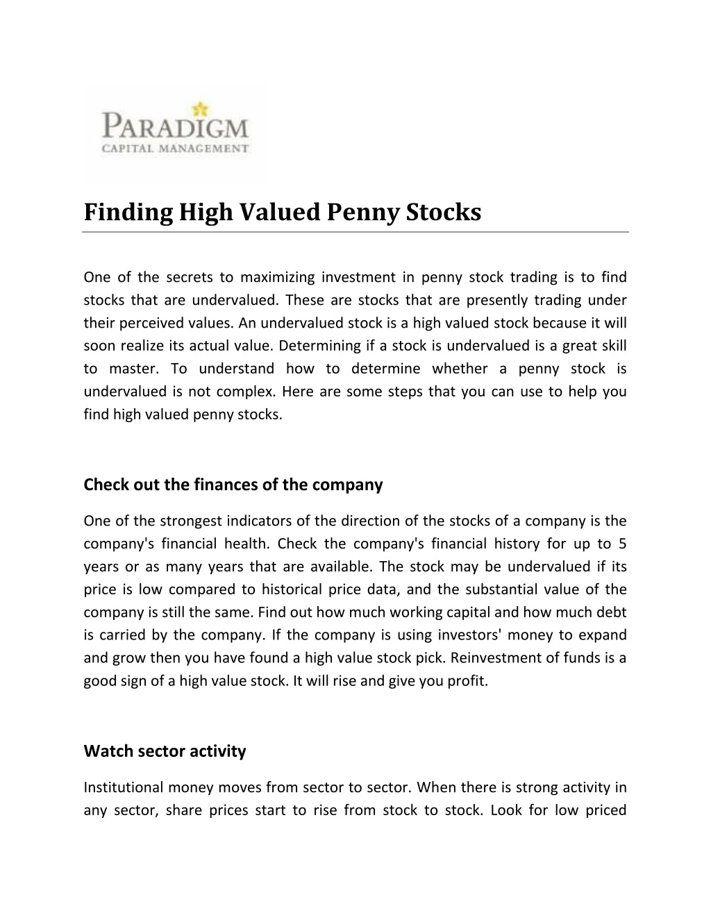 finding high valued penny stocks