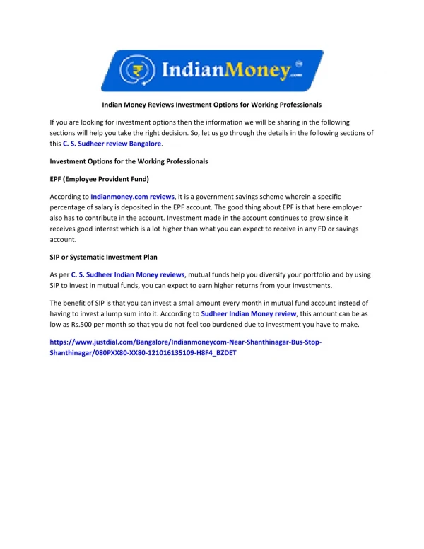 Indian Money Reviews Investment Options for Working Professionals