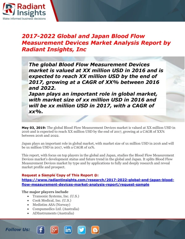Global and Japan Blood Flow Measurement Devices Market: Huge Growth Opportunities, Trends and Forecast to 2022