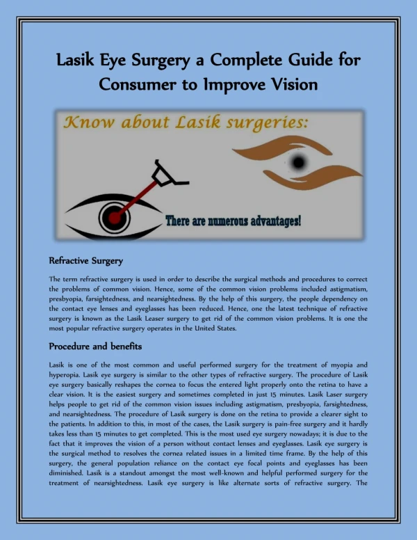 Lasik Eye Surgery a Complete Guide for Consumer to Improve Vision