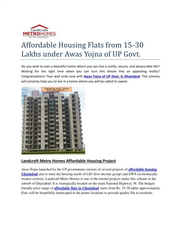 Affordable Housing Flats from 15-30 Lakhs under Awas Yojna of UP Govt.