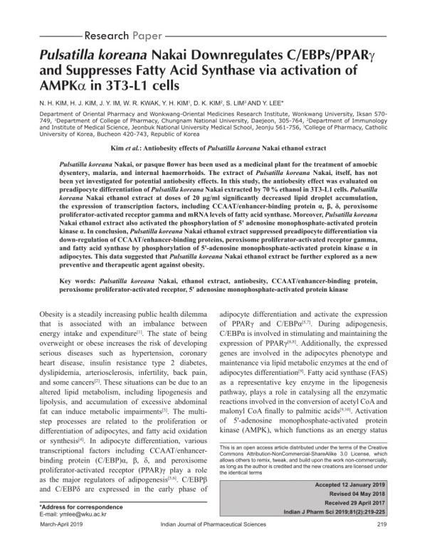 Pulsatilla koreana Nakai Downregulates C/EBPs/PPAR? and Suppresses Fatty Acid Synthase via activation of AMPK? in 3T3-L1