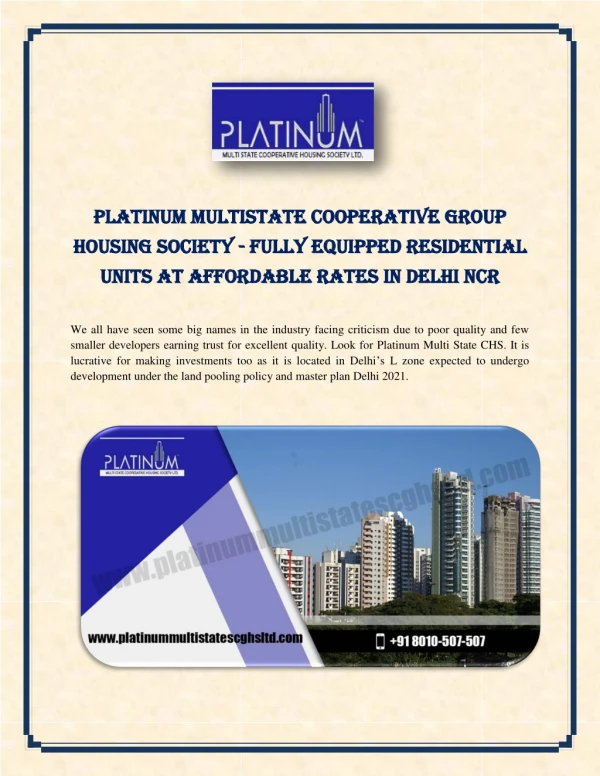 Platinum Multistate Cooperative Housing Society - Fully Equipped Residential Units at Affordable Rates in Delhi NCR