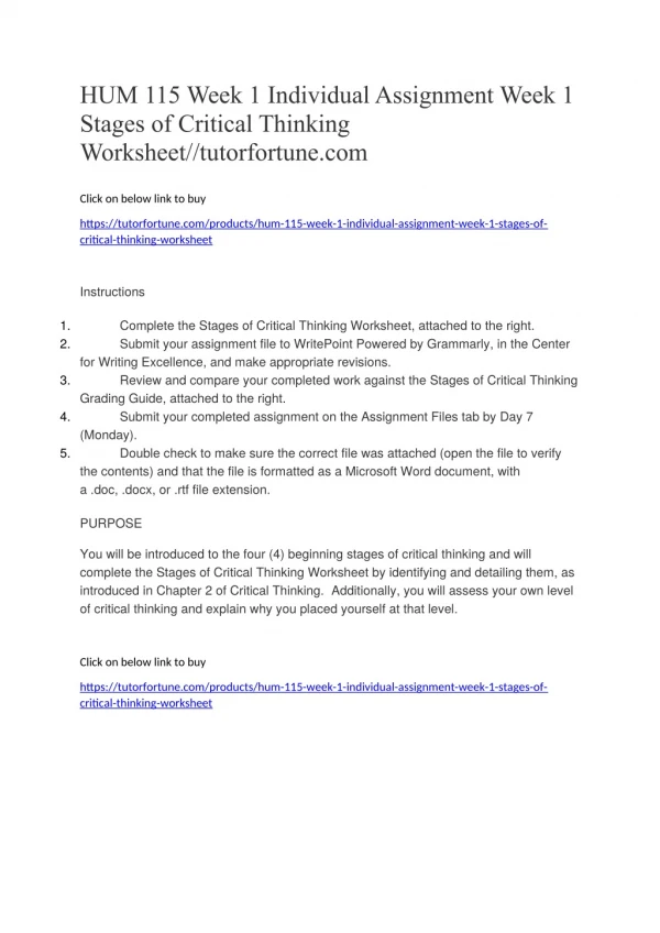 HUM 115 Week 1 Individual Assignment Week 1 Stages of Critical Thinking Worksheet//tutorfortune.com