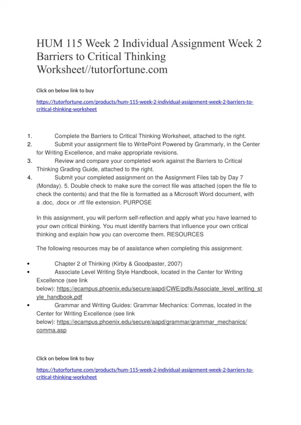 HUM 115 Week 2 Individual Assignment Week 2 Barriers to Critical Thinking Worksheet//tutorfortune.com