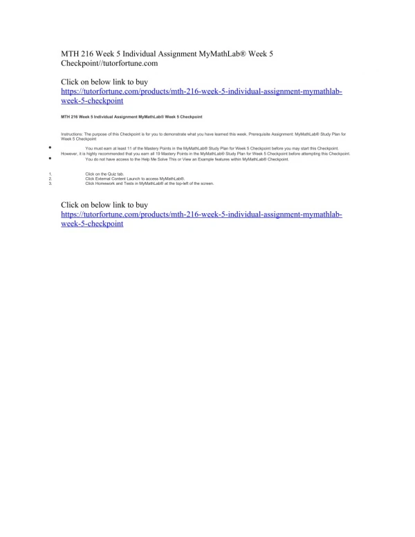 MTH 216 Week 5 Individual Assignment MyMathLab® Week 5 Checkpoint//tutorfortune.com