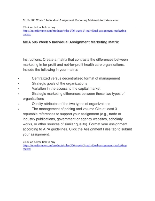 MHA 506 Week 5 Individual Assignment Marketing Matrix//tutorfortune.com