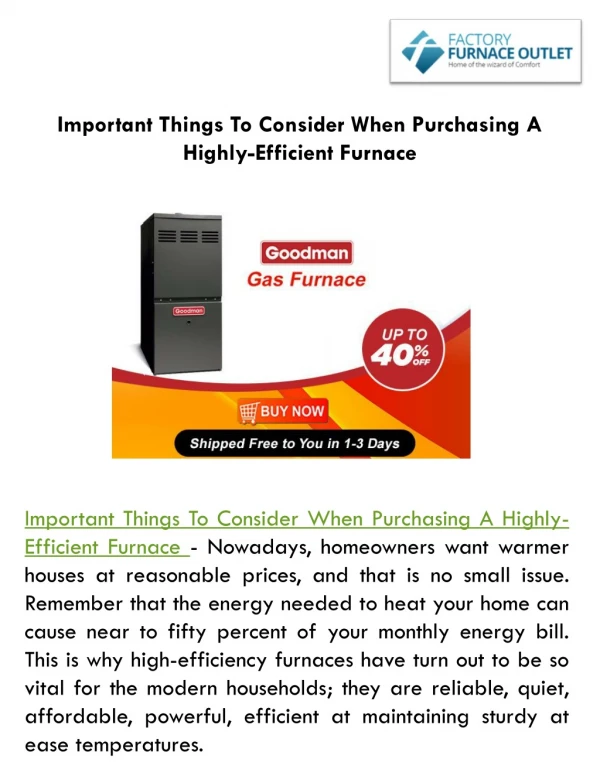 Important Things To Consider When Purchasing A Highly-Efficient Furnace