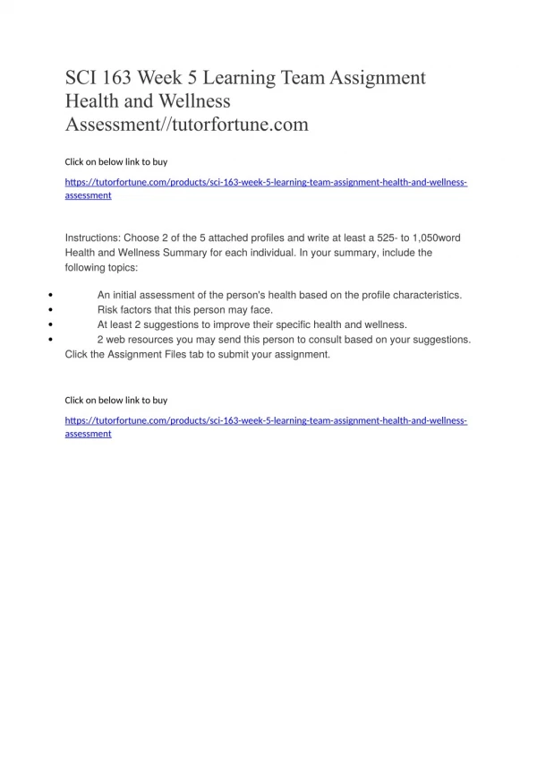 SCI 163 Week 5 Learning Team Assignment Health and Wellness Assessment//tutorfortune.com