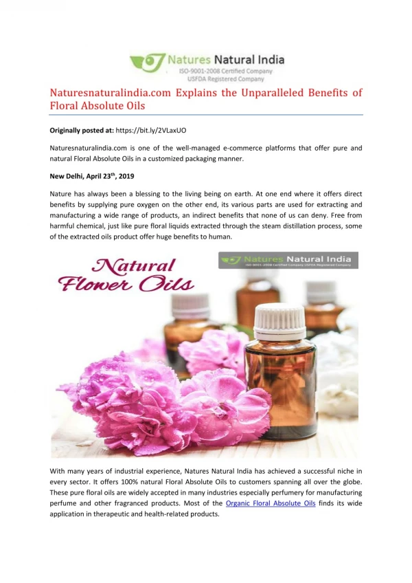 Naturesnaturalindia.com Explains the Unparalleled Benefits of Floral Absolute Oils