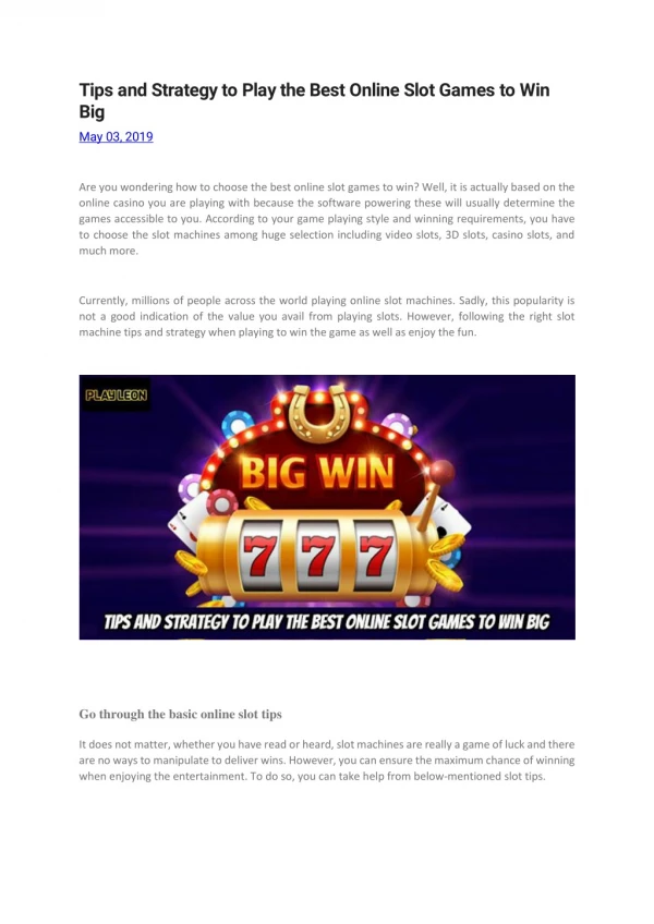 Tips and Strategy to Play the Best Online Slot Games to Win Big