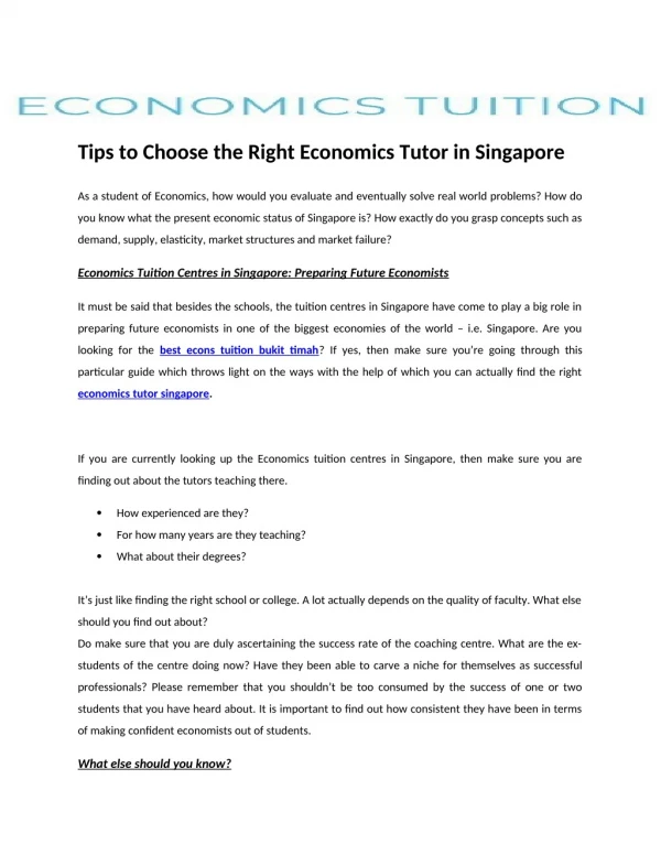 Tips to Choose the Right Economics Tutor in Singapore