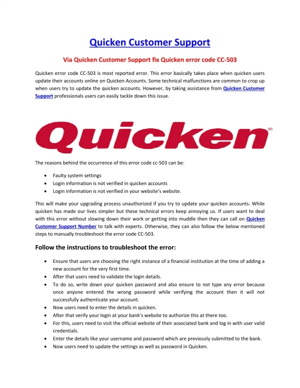 Via Quicken Customer Support fix Quicken error code CC-503
